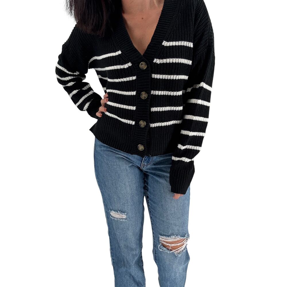SANCTUARY Sweater Size S Kelly Stripe Cardigan Black White NEW Classic - Picture 3 of 7